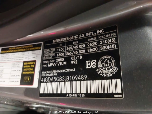 Aukcja sprzedaży 2018 Mercedes-benz Gle 400 4matic, vin: 4JGDA5GB3JB109489, numer aukcji: 12483232