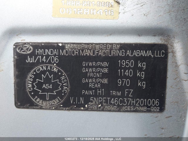 12483273 :رقم المزاد ، 5NPET46C37H201006 vin ، 2007 Hyundai Sonata مزاد بيع