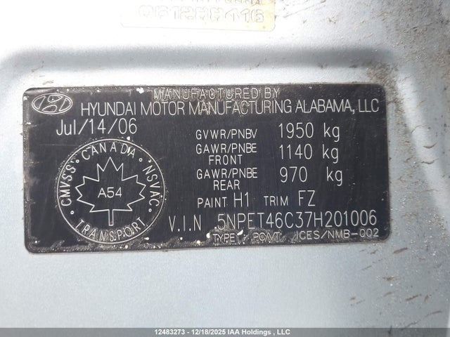 12483273 :رقم المزاد ، 5NPET46C37H201006 vin ، 2007 Hyundai Sonata مزاد بيع