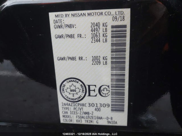 1N4AZ1CPXKC301309 Nissan Leaf S/sl/sv