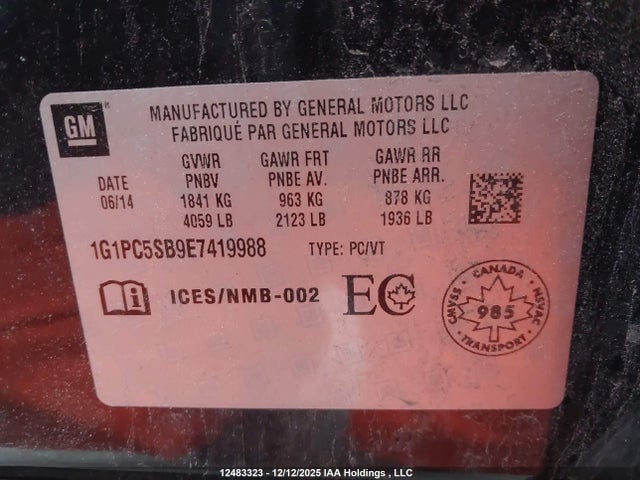1G1PC5SB9E7419988 Chevrolet Cruze 1lt