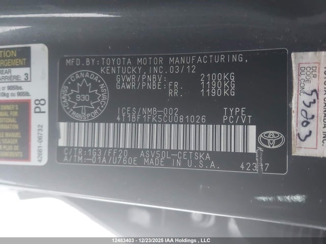 Продажа на аукционе авто 2012 Toyota Camry, vin: 4T1BF1FK5CU081026, номер лота: 12483403