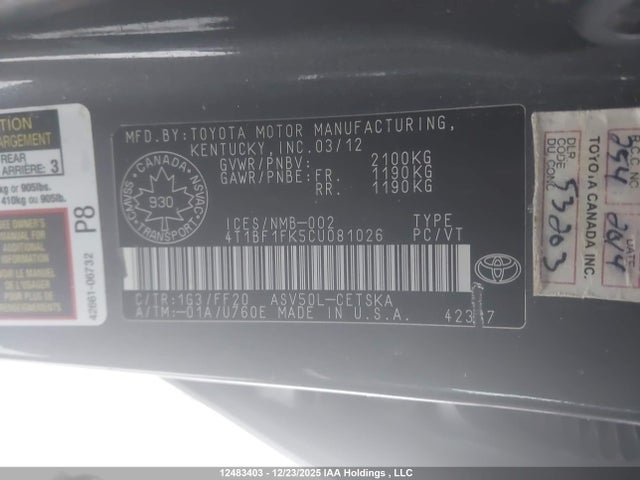 Продажа на аукционе авто 2012 Toyota Camry, vin: 4T1BF1FK5CU081026, номер лота: 12483403
