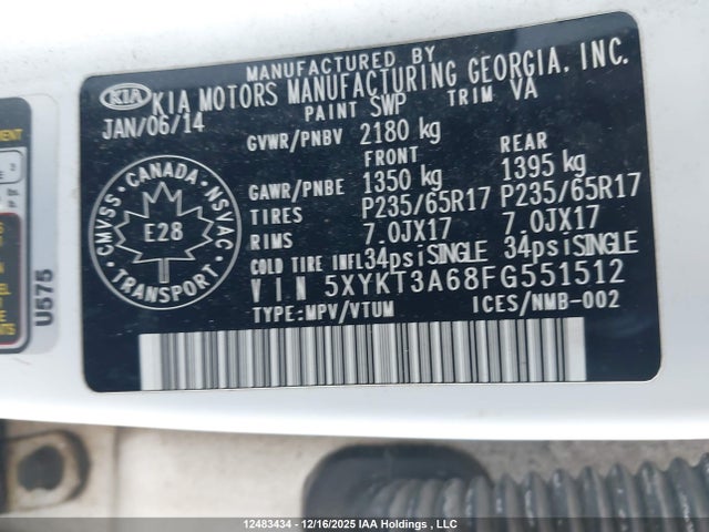 5XYKT3A68FG551512 KIA SORENTO LX