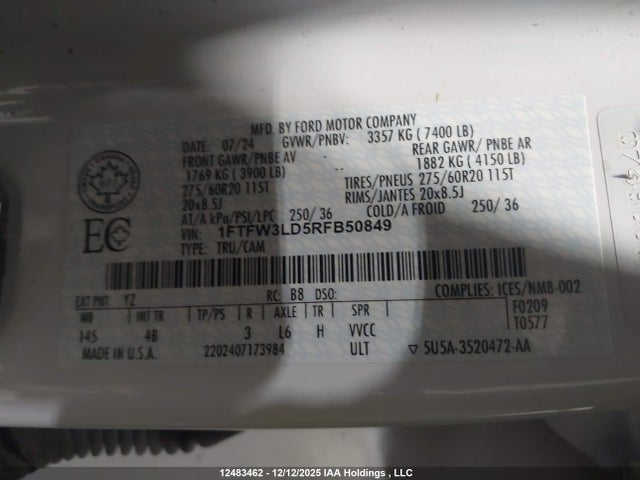 Aukcja sprzedaży 2024 Ford F-150 Xlt, vin: 1FTFW3LD5RFB50849, numer aukcji: 12483462
