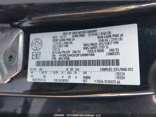 Продаж на аукціоні авто 2015 Ford Escape Se, vin: 1FMCU9GX2FUB99168, номер лоту: 12483524