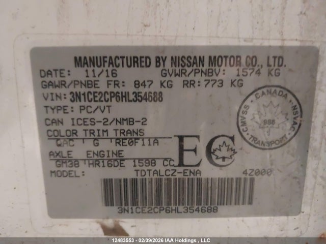 Продажа на аукционе авто 2017 Nissan Versa Note S/s Plus/sv/sl/sr, vin: 3N1CE2CP6HL354688, номер лота: 12483553