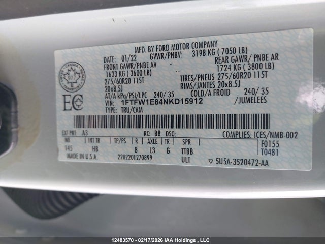 Продажа на аукционе авто 2022 Ford F150 Supercrew, vin: 1FTFW1E84NKD15912, номер лота: 12483570