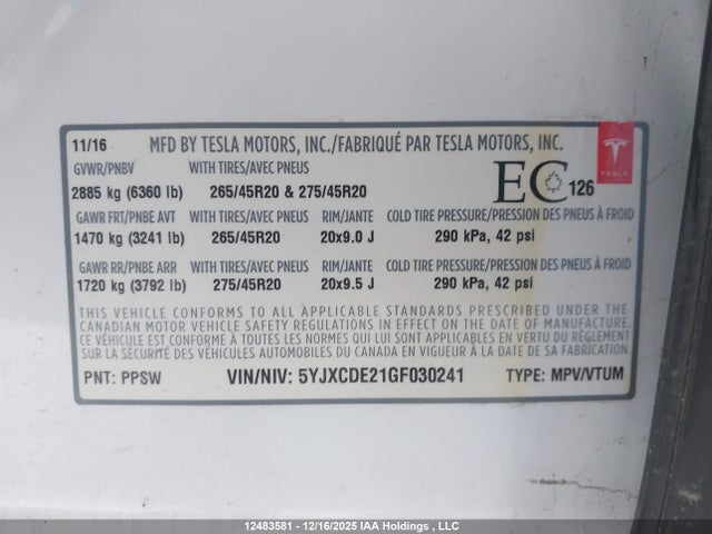 Tesla Model X 60d/70d/75d/90d 2016 5YJXCDE21GF030241 Image 9