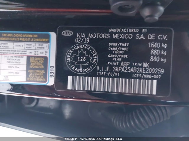 3KPA25AB2KE209259 KIA Rio