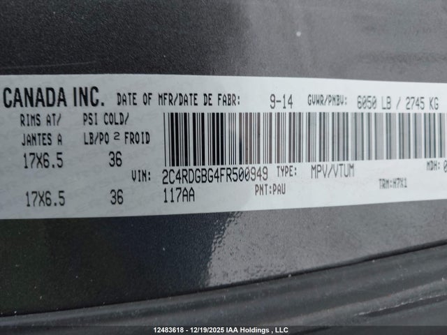 12483618 :رقم المزاد ، 2C4RDGBG4FR500949 vin ، 2015 Dodge Grand Caravan Se مزاد بيع