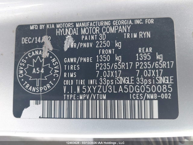 2013 Hyundai Santa Fe Sport მანქანა იყიდება აუქციონზე, vin: 5XYZU3LA5DG050085, აუქციონის ნომერი: 12483628