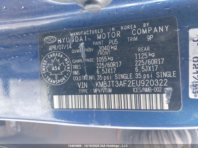 12483668 :رقم المزاد ، KM8JT3AF2EU920322 vin ، 2014 Hyundai Tucson Gl مزاد بيع