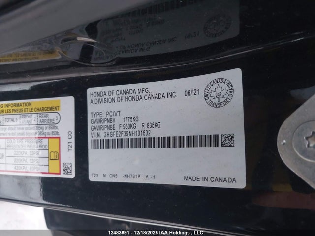 2022 Honda Civic Ex 4dr მანქანა იყიდება აუქციონზე, vin: 2HGFE2F39NH101602, აუქციონის ნომერი: 12483691