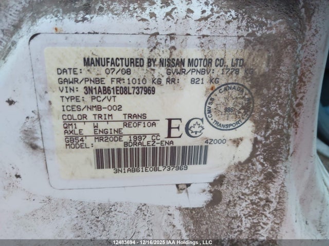 Продаж на аукціоні авто 2008 Nissan Sentra 2.0/2.0s/2.0sl, vin: 3N1AB61E08L737969, номер лоту: 12483694