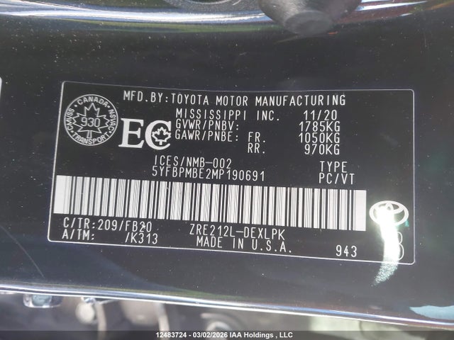 Auction sale of the 2021 Toyota Corolla, vin: 5YFBPMBE2MP190691, lot number: 12483724
