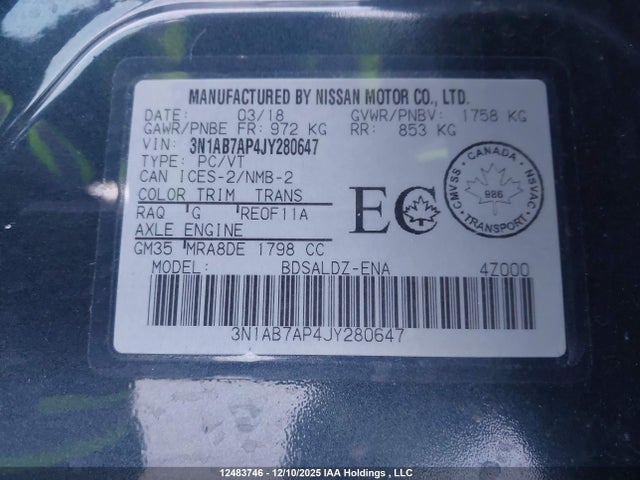 3N1AB7AP4JY280647 Nissan Sentra S/sv/sr/sl