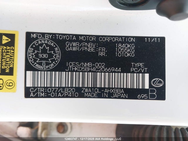 12483747 :رقم المزاد ، JTHKD5BH4C2066944 vin ، 2012 Lexus Ct 200 مزاد بيع