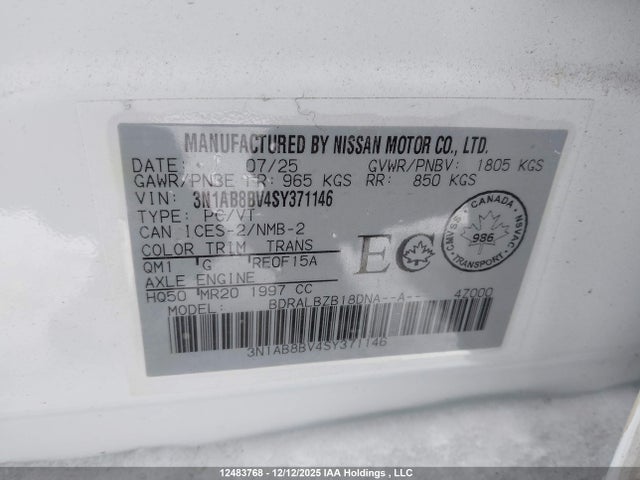 3N1AB8BV4SY371146 Nissan SENTRA S