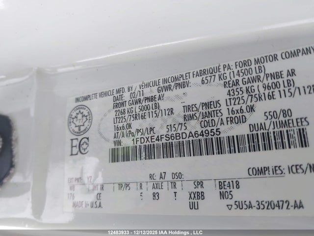 12483933 :رقم المزاد ، 1FDXE4FS6BDA64955 vin ، 2011 Ford E-450 Cutaway مزاد بيع