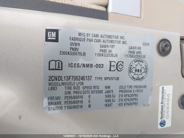 12484031 :رقم المزاد ، 2CNDL13F796246137 vin ، 2009 Chevrolet Equinox Ls مزاد بيع