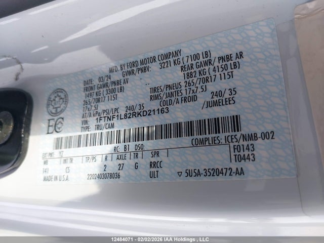 12484071 :رقم المزاد ، 1FTNF1L82RKD21163 vin ، 2024 Ford F150 Xl مزاد بيع