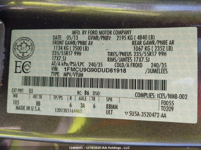 Aukcja sprzedaży 2013 Ford Escape Se, vin: 1FMCU9G90DUD81918, numer aukcji: 12484093
