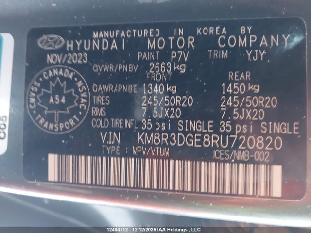 KM8R3DGE8RU720820 Hyundai Palisade Xrt