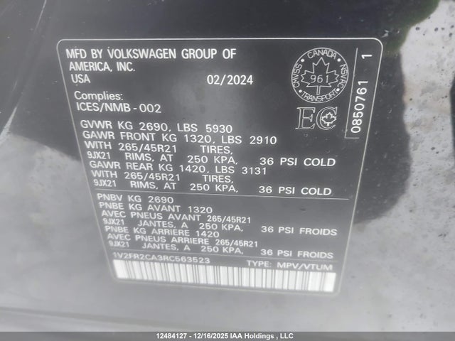 Продажа на аукционе авто 2024 Volkswagen Atlas, vin: 1V2FR2CA3RC563523, номер лота: 12484127