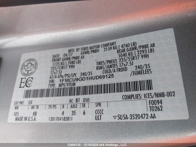 1FMCU9GD1HUD69125 Ford ESCAPE SE