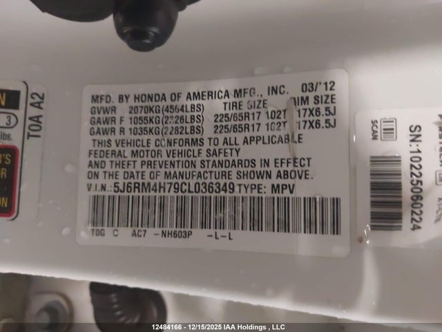 Aukcja sprzedaży 2012 Honda Cr-v Exl, vin: 5J6RM4H79CL036349, numer aukcji: 12484166