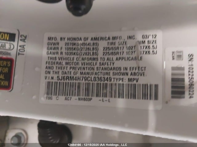 Aukcja sprzedaży 2012 Honda Cr-v Exl, vin: 5J6RM4H79CL036349, numer aukcji: 12484166