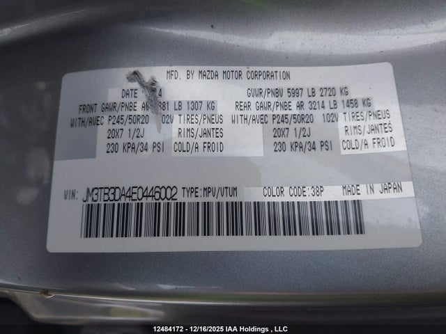 Aukcja sprzedaży 2014 Mazda Cx-9 Grand Touring, vin: JM3TB3DA4E0446002, numer aukcji: 12484172