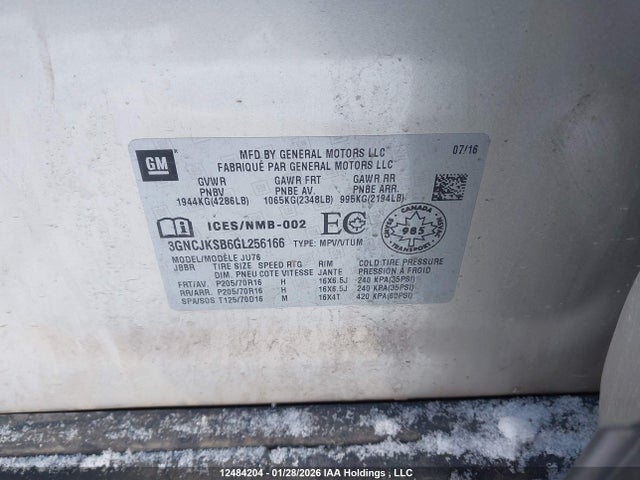 12484204 :رقم المزاد ، 3GNCJKSB6GL256166 vin ، 2016 Chevrolet Trax مزاد بيع