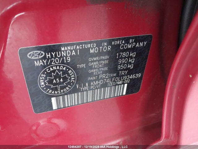12484207 :رقم المزاد ، KMHD74LF0LU934639 vin ، 2020 Hyundai Elantra Essential Auto Ivt مزاد بيع