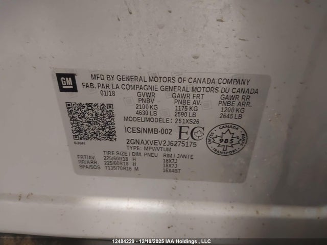 Aukcja sprzedaży 2018 Chevrolet Equinox Premier, vin: 2GNAXVEV2J6275175, numer aukcji: 12484229