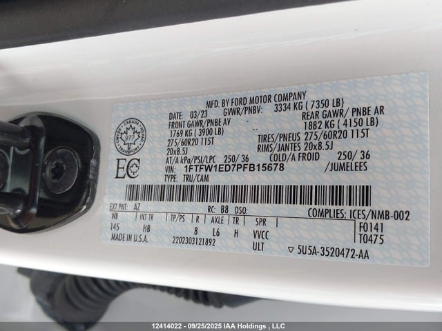 2023 Ford F-150 Lariat მანქანა იყიდება აუქციონზე, vin: 1FTFW1ED7PFB15678, აუქციონის ნომერი: 12414022