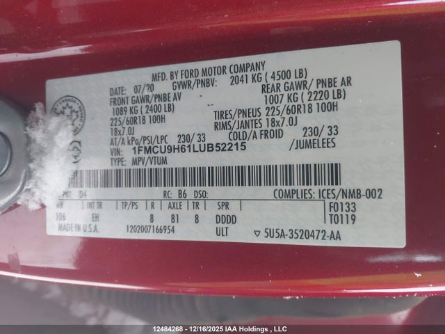 1FMCU9H61LUB52215 Ford ESCAPE SEL