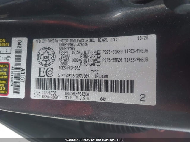 Продаж на аукціоні авто 2021 Toyota Tundra Crewmax 1794/crewmax Platinum, vin: 5TFAY5F18MX971609, номер лоту: 12484362