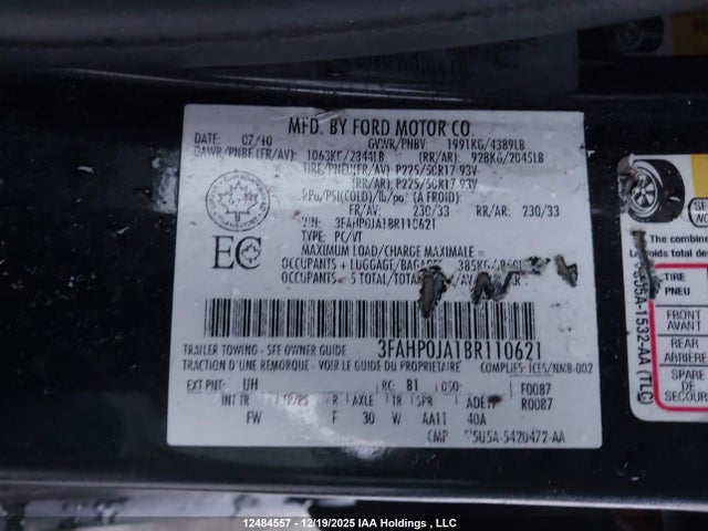 2011 Ford Fusion Sel მანქანა იყიდება აუქციონზე, vin: 3FAHP0JA1BR110621, აუქციონის ნომერი: 12484557