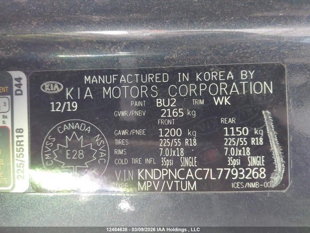 12484638 :رقم المزاد ، KNDPNCAC7L7793268 vin ، 2020 Kia Sportage Ex مزاد بيع