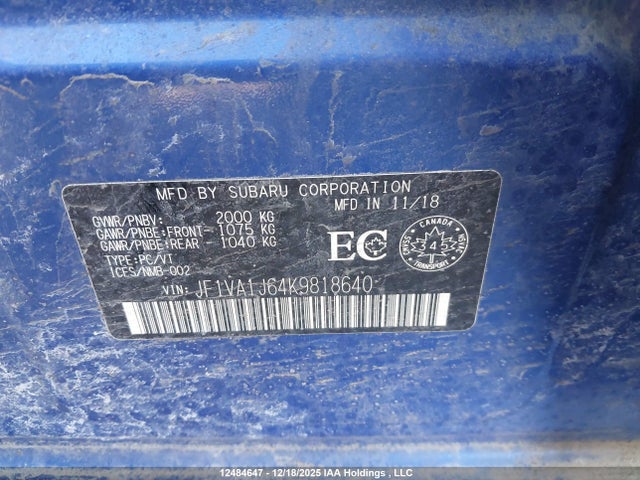Subaru Wrx Limited 2019 JF1VA1J64K9818640 Image 9
