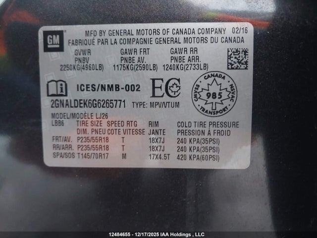 12484655 :رقم المزاد ، 2GNALDEK6G6265771 vin ، 2016 Chevrolet Equinox Ltz مزاد بيع