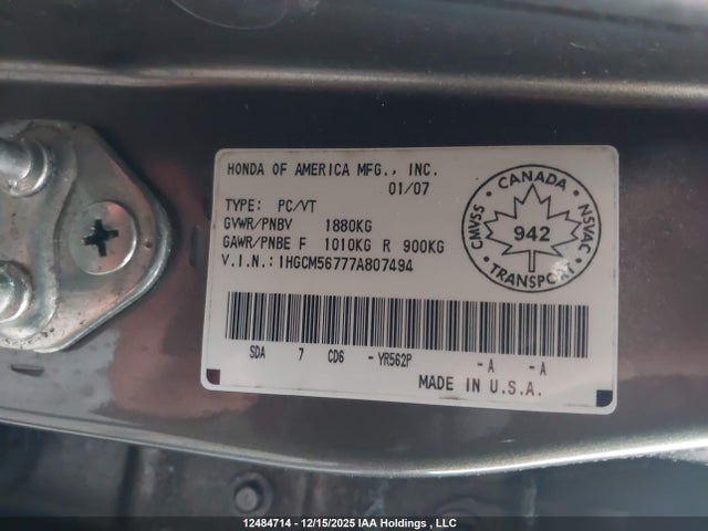 Продажа на аукционе авто 2007 Honda Accord Ex, vin: 1HGCM56777A807494, номер лота: 12484714