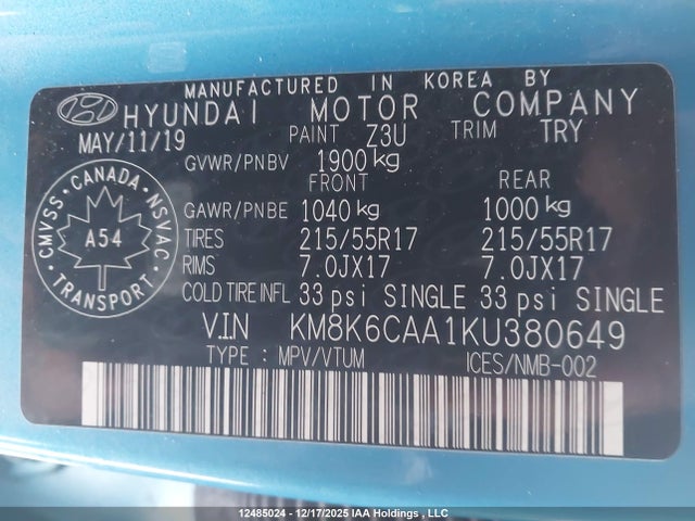 2019 Hyundai Kona მანქანა იყიდება აუქციონზე, vin: KM8K6CAA1KU380649, აუქციონის ნომერი: 12485024
