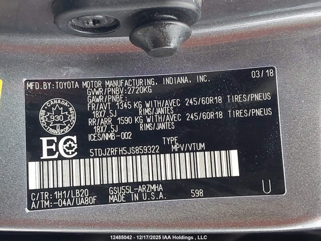 2018 Toyota Highlander მანქანა იყიდება აუქციონზე, vin: 5TDJZRFH5JS859322, აუქციონის ნომერი: 12485042