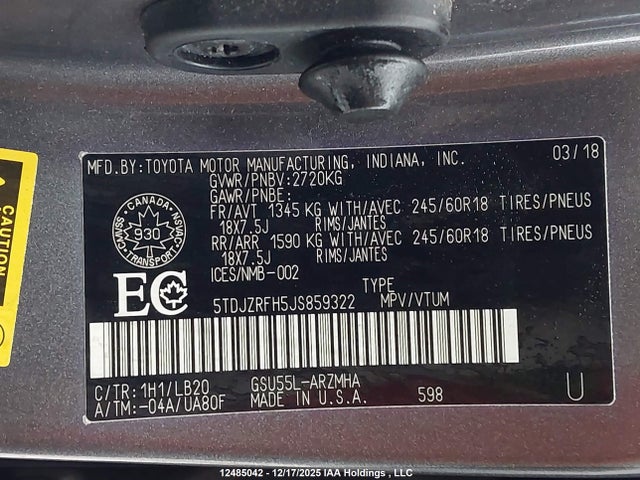 2018 Toyota Highlander მანქანა იყიდება აუქციონზე, vin: 5TDJZRFH5JS859322, აუქციონის ნომერი: 12485042
