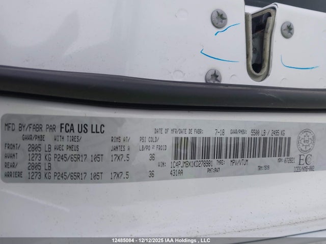 12485084 :رقم المزاد ، 1C4PJMBX1KD278981 vin ، 2019 Jeep Cherokee Trailhawk مزاد بيع