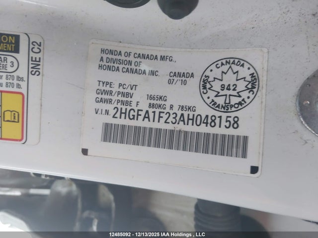 2010 Honda Civic Dx/dx-a მანქანა იყიდება აუქციონზე, vin: 2HGFA1F23AH048158, აუქციონის ნომერი: 12485092