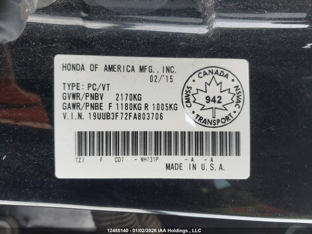 2015 Acura Tlx Elite მანქანა იყიდება აუქციონზე, vin: 19UUB3F72FA803706, აუქციონის ნომერი: 12485140